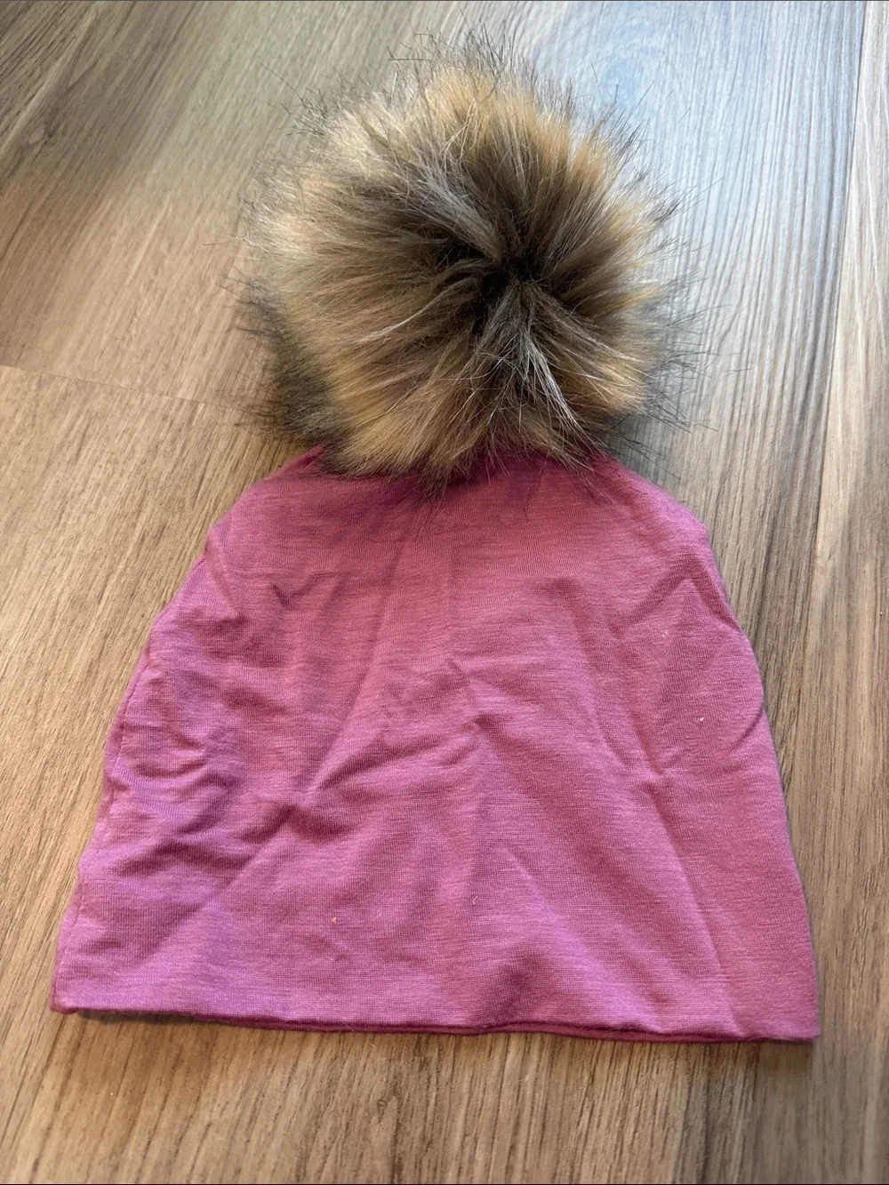 Children's Knit Pom Hat in Mauve Pink with Faux-Fur Pom